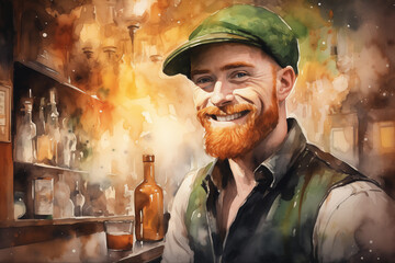 St Patrick's day concept - watercolor illustration of irish ginger breaded man in green hat - obrazy, fototapety, plakaty