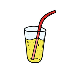 A hand-drawn doodle of a glass of lemonade with a straw on a white background.