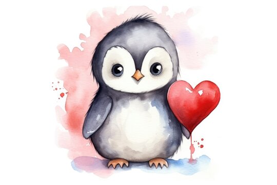 watercolor cartoon penguin with red heart on white background