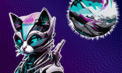 Vector cyberpunk cat in space 'with optical illusion background 