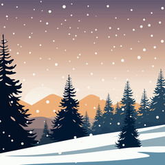 Winter snowy landscape with pine trees.