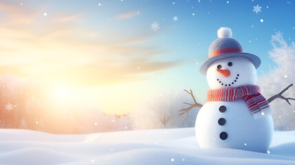 Snowflakes & Smiles: Reveling in Winter's Beauty with a Darling Snowman Set in a Snowy Bokeh Setting background ai generated - obrazy, fototapety, plakaty
