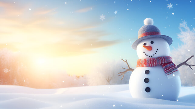 Snowflakes & Smiles: Reveling in Winter's Beauty with a Darling Snowman Set in a Snowy Bokeh Setting background ai generated