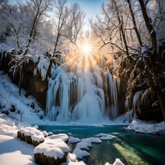 beautiful frozen plitvice waterfall
