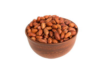 Roasted almonds in bowl isolated on white background. almonds is snack or raw of cook. Healthy food concept