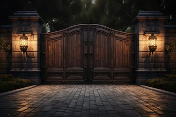 wooden gate of luxury villa, exterior design, home design