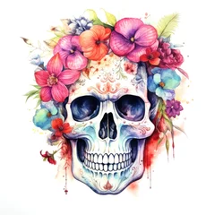 Foto auf Alu-Dibond Aquarellschädel watercolor skull with flowers on white background.