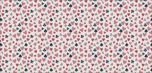 pattern with hearts, pattern with dots, Seamless pattern with playing cards in chaos. Card deck repeated background.