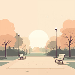  lamp and chair on street landscape at sunset, park