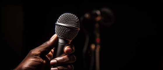 Microphone and male singer close up. man singing into a microphone, holding mic with hands. Close Up of Karaoke Microphone. Stage Spotlight. 