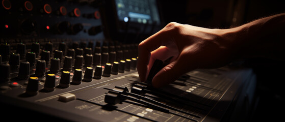 Sound engineer used digital audio mixer Sliders Engineer presses key Control panel Recording studio technician, dj mixing music - obrazy, fototapety, plakaty