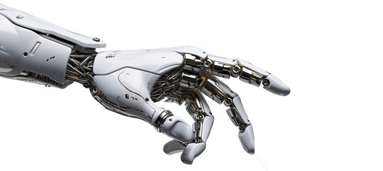 White cyborg robotic hand pointing his finger, trying to reach something. Isolated on Transparent background.