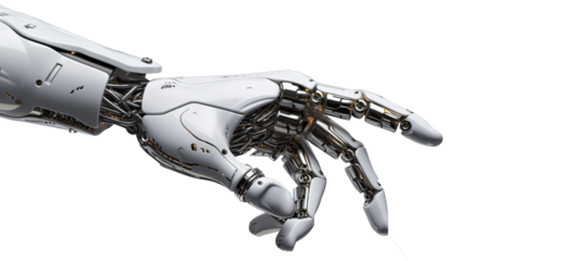 White cyborg robotic hand pointing his finger, trying to reach something. Isolated on Transparent background.