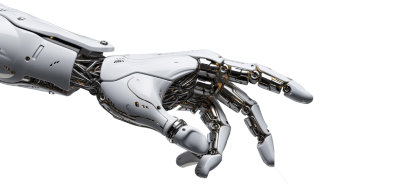 White cyborg robotic hand pointing his finger, trying to reach something. Isolated on Transparent background.