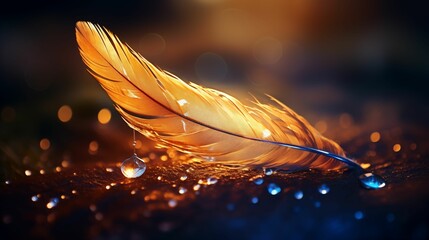 Image of a gilded feather adorned with tiny dewdrops. - obrazy, fototapety, plakaty