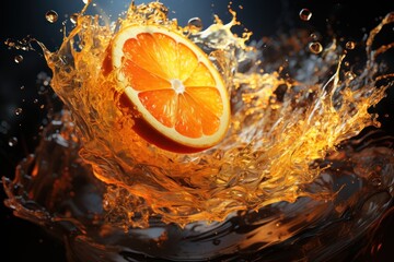  an orange being dropped into water with a splash of orange juice on the side of the image and on top of the water is a black background.