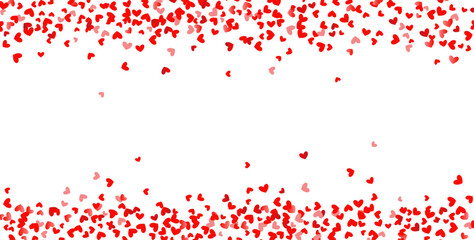 Pattern of random falling hearts confetti. Border design element for festive banner, greeting card, wedding invitation, Valentines day. Vector illustration. - obrazy, fototapety, plakaty