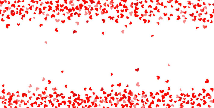 Pattern of random falling hearts confetti. Border design element for festive banner, greeting card, wedding invitation, Valentines day. Vector illustration.