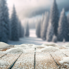 Wooden desk of free space and winter landscape. 