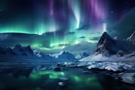  an image of a beautiful night scene with the aurora lights in the sky above a mountain lake and icebergs in the foreground.