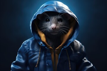 A rat in a blue jacket with a hood on a dark background