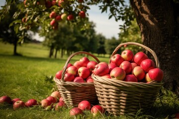 Baskets full of apples under a tree in an apple orchard