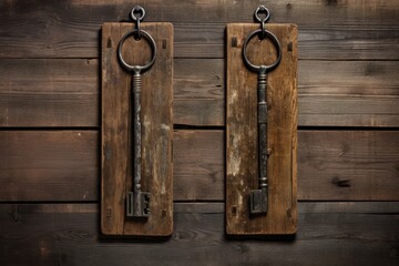 Antique and rusty keys on weathered wooden planks