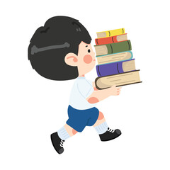 Kid boy student carrying a pile of books