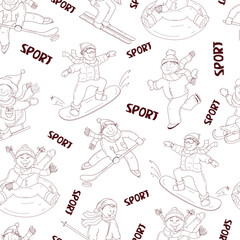 Children ride in winter. Winter sports. Seamless background in the style of sketch, doodle.