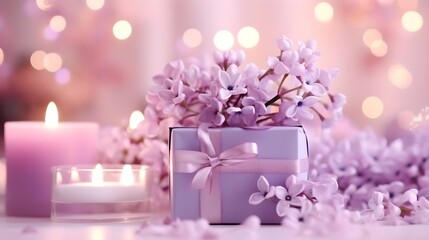 Festive present gift box with pink and purple flower petals festive decorations. Abstract background with copy space.