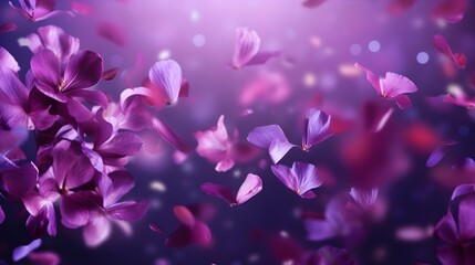 Abstract purple and pink lilac flower petals flying in the air. Summer minimal floral background. - obrazy, fototapety, plakaty