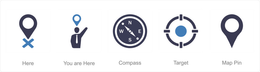 A set of 5 Location icons as here, you are here, compass