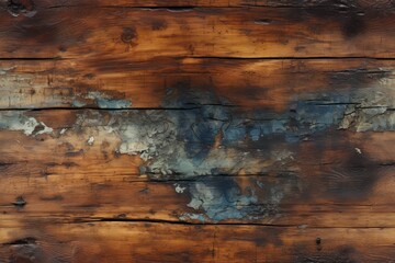  a piece of wood that has been painted blue and brown with a brown and white stain of paint on it.