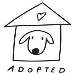 Cute dog at home. Adopted. Pets adoption concept. Outline illustration on white background.