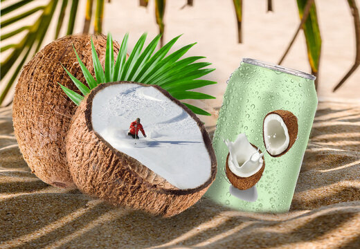 The image shows a coconut lying on a sandy beach. The coconut is brown and has a round, smooth shape. It is about the size of a football. The coconut is lying on its side, with its top facing up. The 