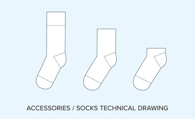 Blank Socks Collection Technical Drawing, Apparel Blueprint for Fashion Designers. Detailed Editable Vector Illustration, Black and White Accessories Schematics, Isolated Background. 
