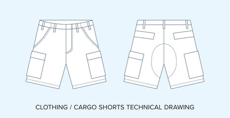 Cargo Shorts Technical Drawing, Apparel Blueprint for Fashion Designers. Detailed Editable Vector Illustration, Black and White Tactical Clothing Schematics, Isolated Background. 
 - obrazy, fototapety, plakaty