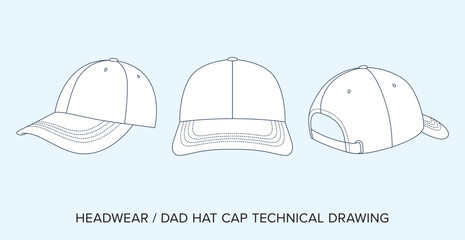 Blank Dad Hat Technical Drawing, Headwear Blueprint for Fashion Designers. Detailed Editable Vector Illustration, Black and White VintageStreetwear Cap Schematics, Isolated Background. 
