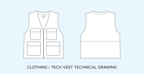 Editable Vector Illustration of a Blank Utility Vest Technical Blueprint, Tailored for Fashion Designers. Detailed Black and White Utility Clothing Schematics on Isolated Background - obrazy, fototapety, plakaty
