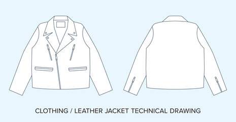 Leather Jacket Drawing, Apparel Blueprint for Fashion Designers. Detailed Editable Vector Illustration, Black and White Biker Jacket Clothing Schematics, Isolated Background. 

