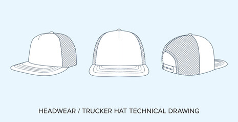 Blank Trucker Cap Technical Drawing, Headwear Blueprint for Fashion Designers. Detailed Editable Vector Illustration, Black and White Hat Accessory Schematics, Isolated Background - obrazy, fototapety, plakaty
