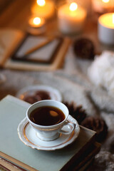 Bowl of cookies, cup of tea or coffee, plate of blueberries, dry oranges, wool yarn, pine cones, books, reading glasses, tablet, pen, soft blanket and lit candles on the table. Winter hygge at home.