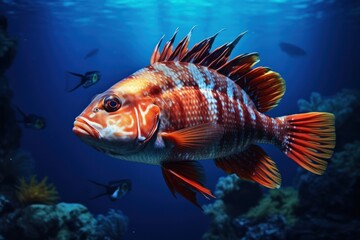  a red and white fish in a blue sea with a lot of other fish in the water behind it on a sunny day.