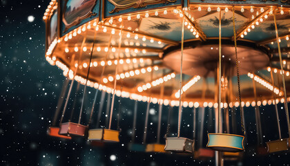 Magical atmosphere and carousel with garland at night ,concept carnival