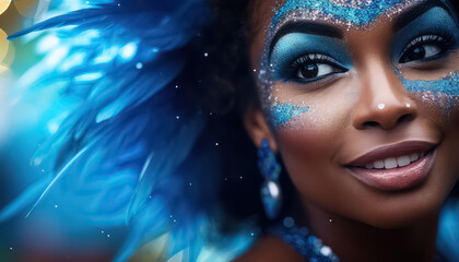 Portrait of a Brazilian woman with feathers on her head ,concept carnival