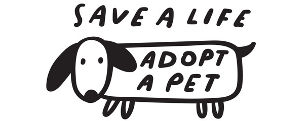 Save a life adopt a pet. Cute homeless dog. Vector outline icon. Badge. Illustration on white background.