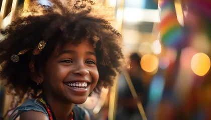 Fotobehang Dark-skinned happy girl smiling wide in amusement park ,concept carnival © terra.incognita