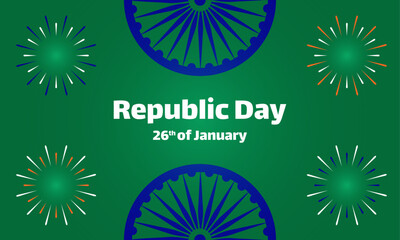 Banner for India republic day at the 26th of January. Fireworks in tricolor colors white and saffron on green background. With navy blue Ashoka Chakra