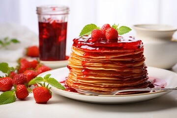  a stack of pancakes sitting on top of a white plate covered in syrup and topped with fresh raspberries.