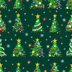 Seamless pattern, New Year, Christmas, decorated trees, snowflakes, stars, can be used for print, background, wallpaper, textile, vector, illustration.
